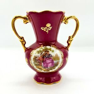 Vintage Limoges Porcelain Vase with Handles Rococo Style Wine Red & Gold Trim